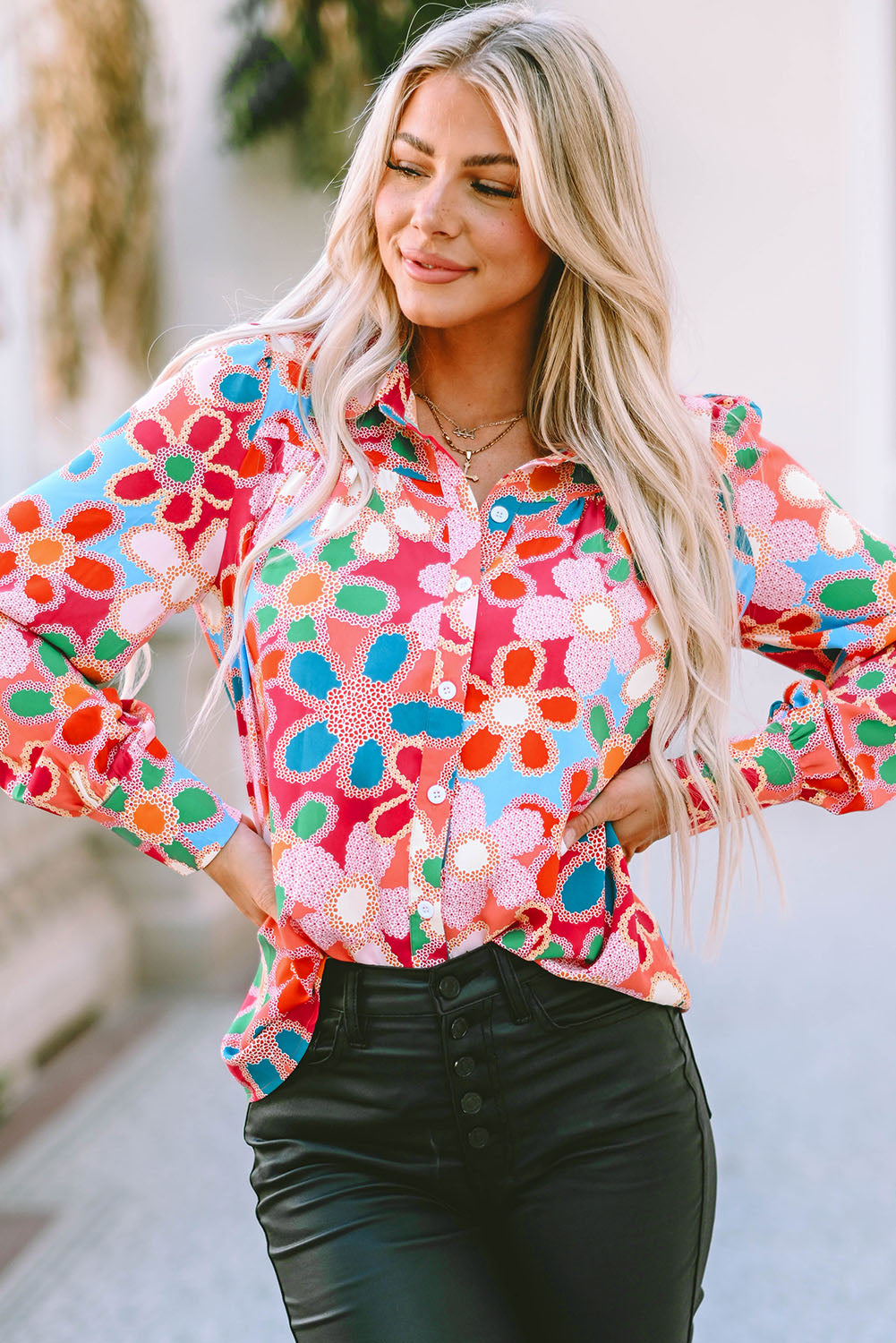 Camicia manica a bolle a stampa floreale multicolore