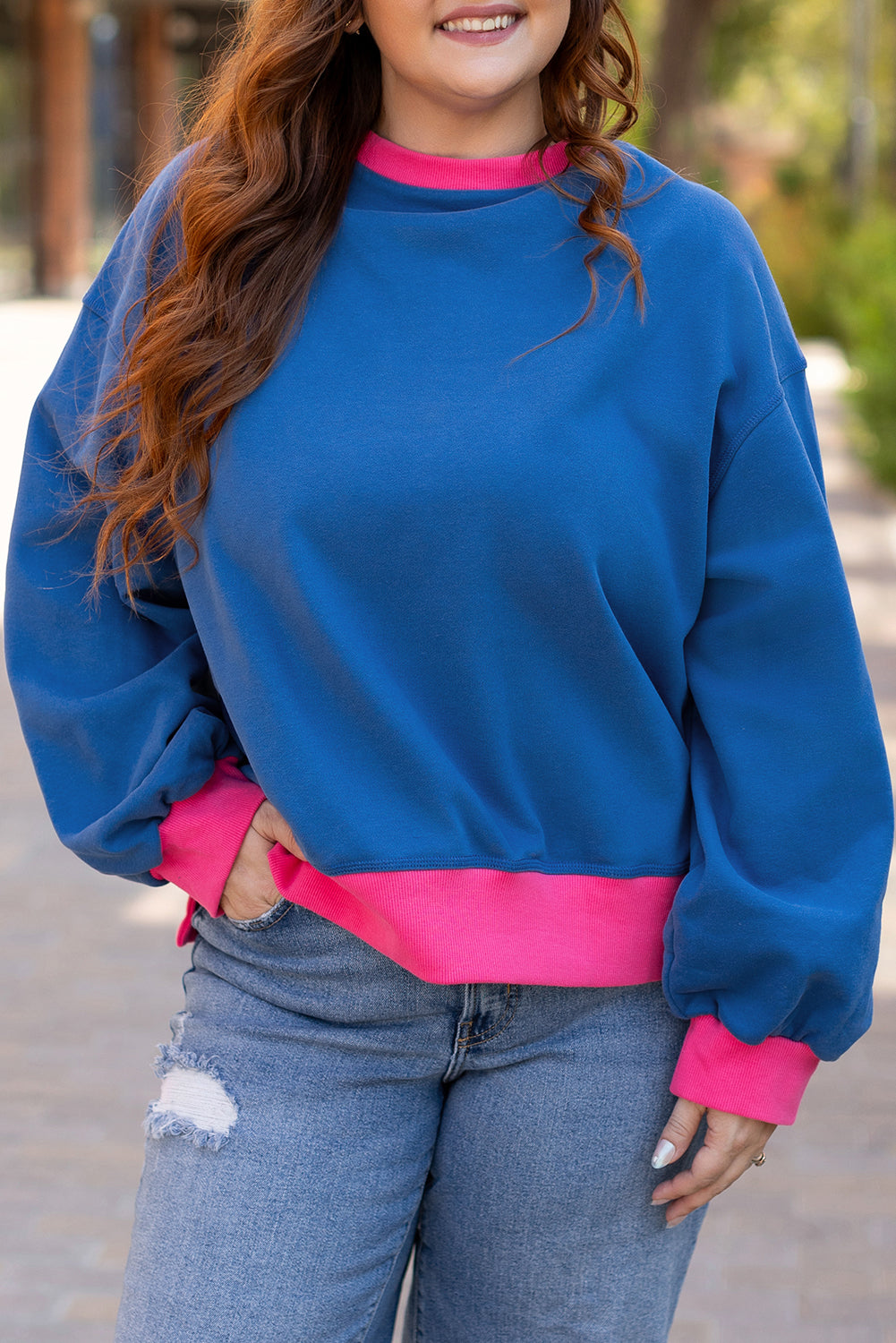 Sky Blue Sweatshirt with Balloon Sleeves and Color Block Trims, Plus Size