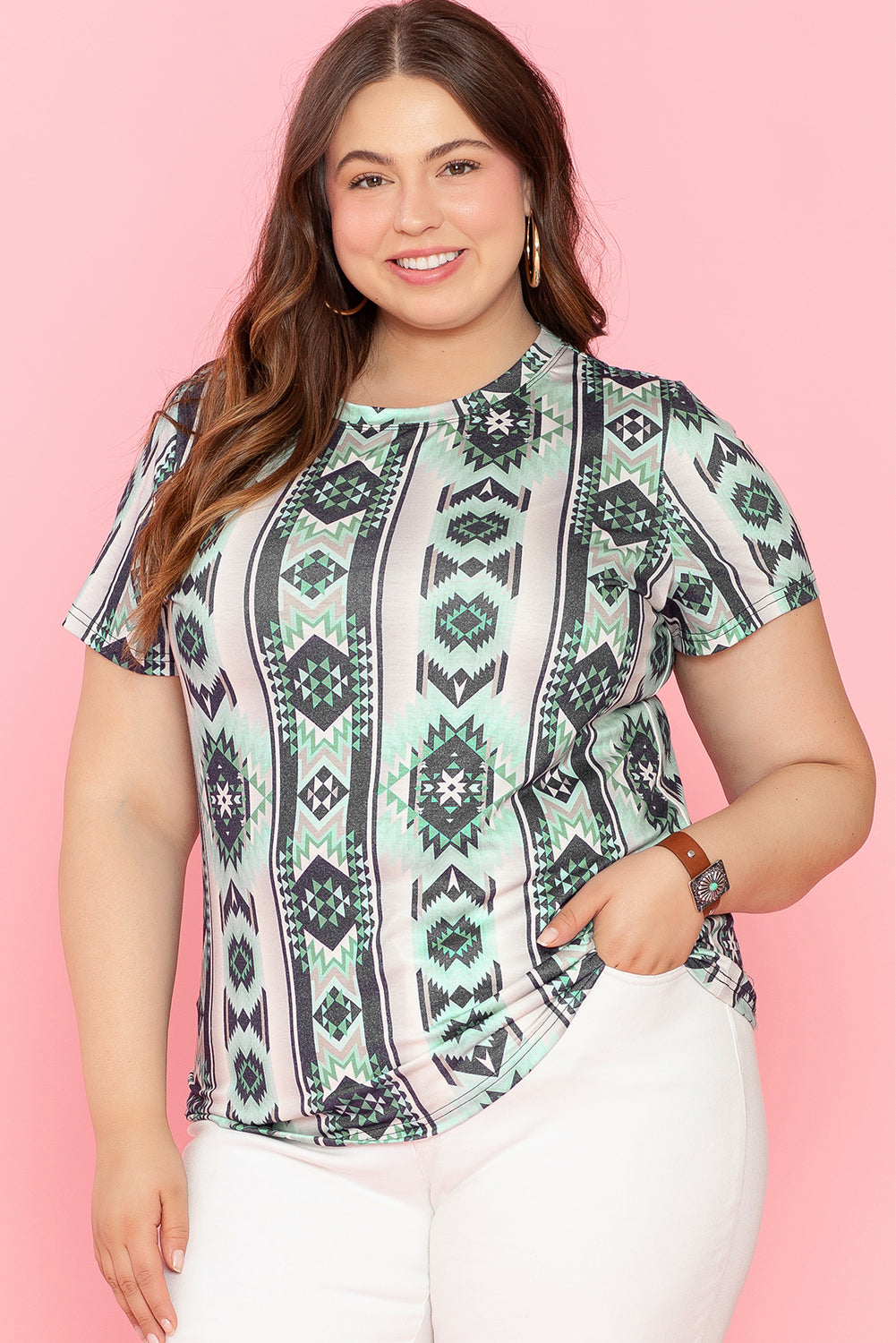 Green Retro Aztec Print Plus Size T-Shirt