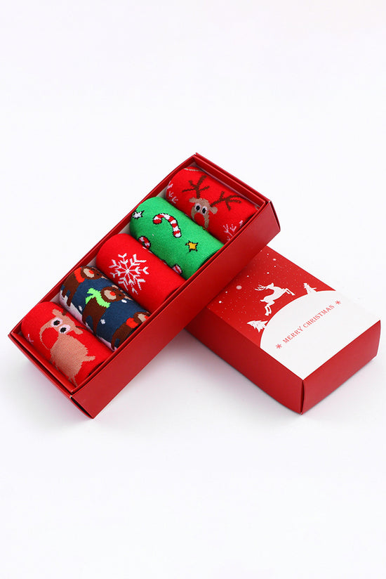 Ardiente rojo 5 pares/conjunto de calcetines flexibles en forma de impulso de dibujos animados de Navidad con caja