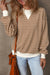 Khaki Textured Striped Crew Neck Long Sleeve Top with Patched Edges