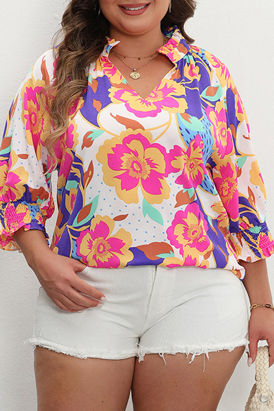 Floral Print Blouse with Split Neck Short Puff Sleeves in Pink Red