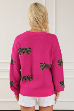 Red Rose Fierce Animal Pattern Casual Knitted Sweater