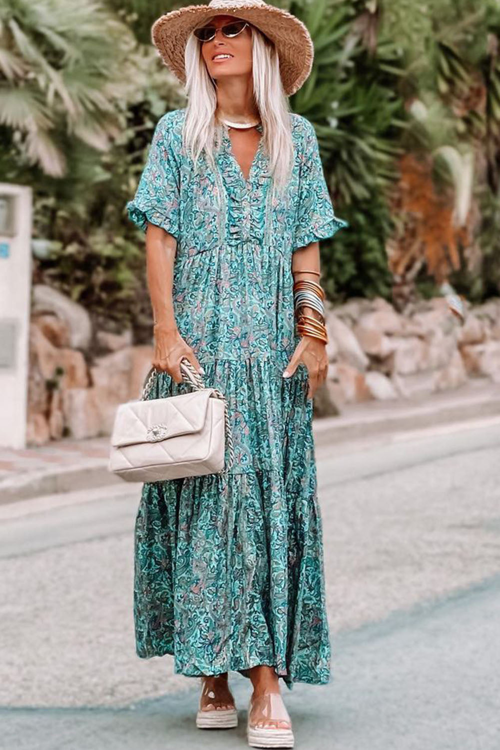 Sky Blue Paisley Print Boho Holiday Ruffle MAXI Robe