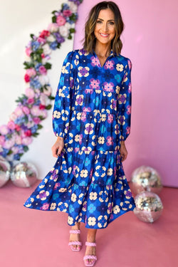 Blue floral midi dress with ruffled peasant sleeves and ruffles