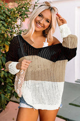 Haut en tricot noir à manches longues avec œillets et bloc de couleur dans le dos torsadé