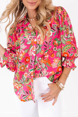 Floor sleeve shirt and smocked cuffs with pink floral print print