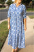 Long dress with geometric print laces and notched collar, large size, sky blue