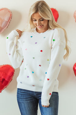 Beige Sequin Heart Waffle Knit Crew Neck Sweater