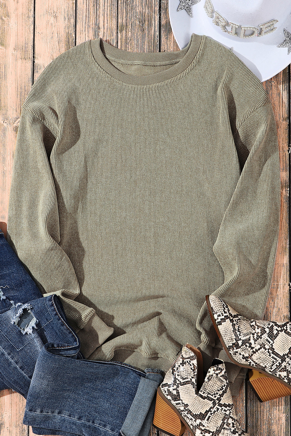 Solid Green Ribbed Knit Crew Neck Sweatshirt