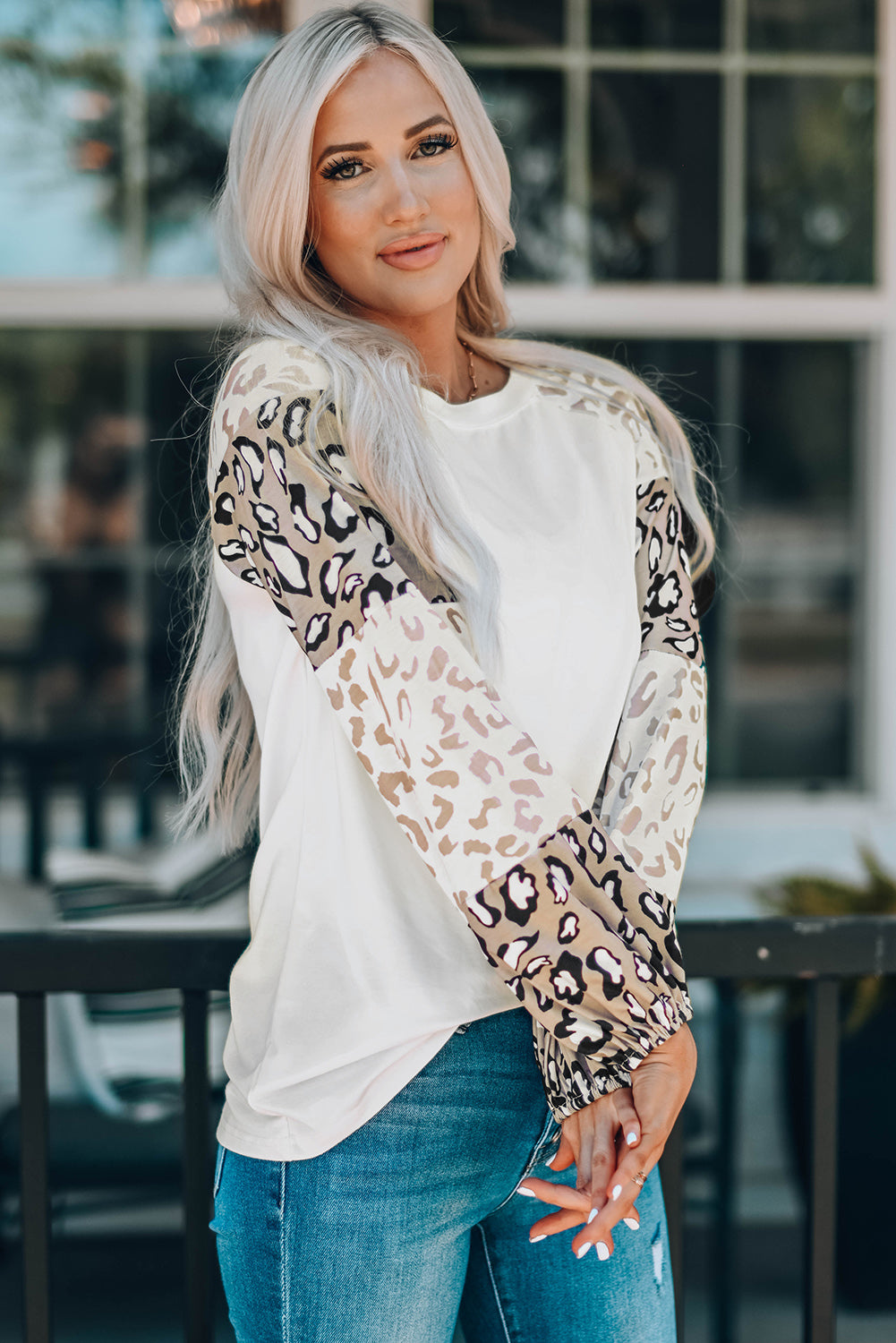 Leopard print beige puff sleeve top