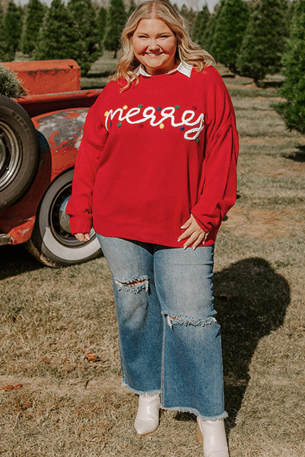 Pull de Noël rouge vif avec motif joyeux Noël, grande taille