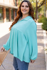 Turquoise cord babydoll top with balloon sleeve collar