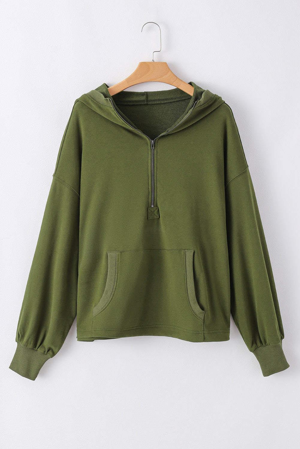 Moss Green Solid Kangaroo Pocket Half Zipper Sampalie de gran tamaño