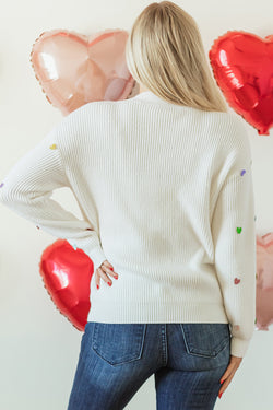 Beige Sequin Heart Waffle Knit Crew Neck Sweater