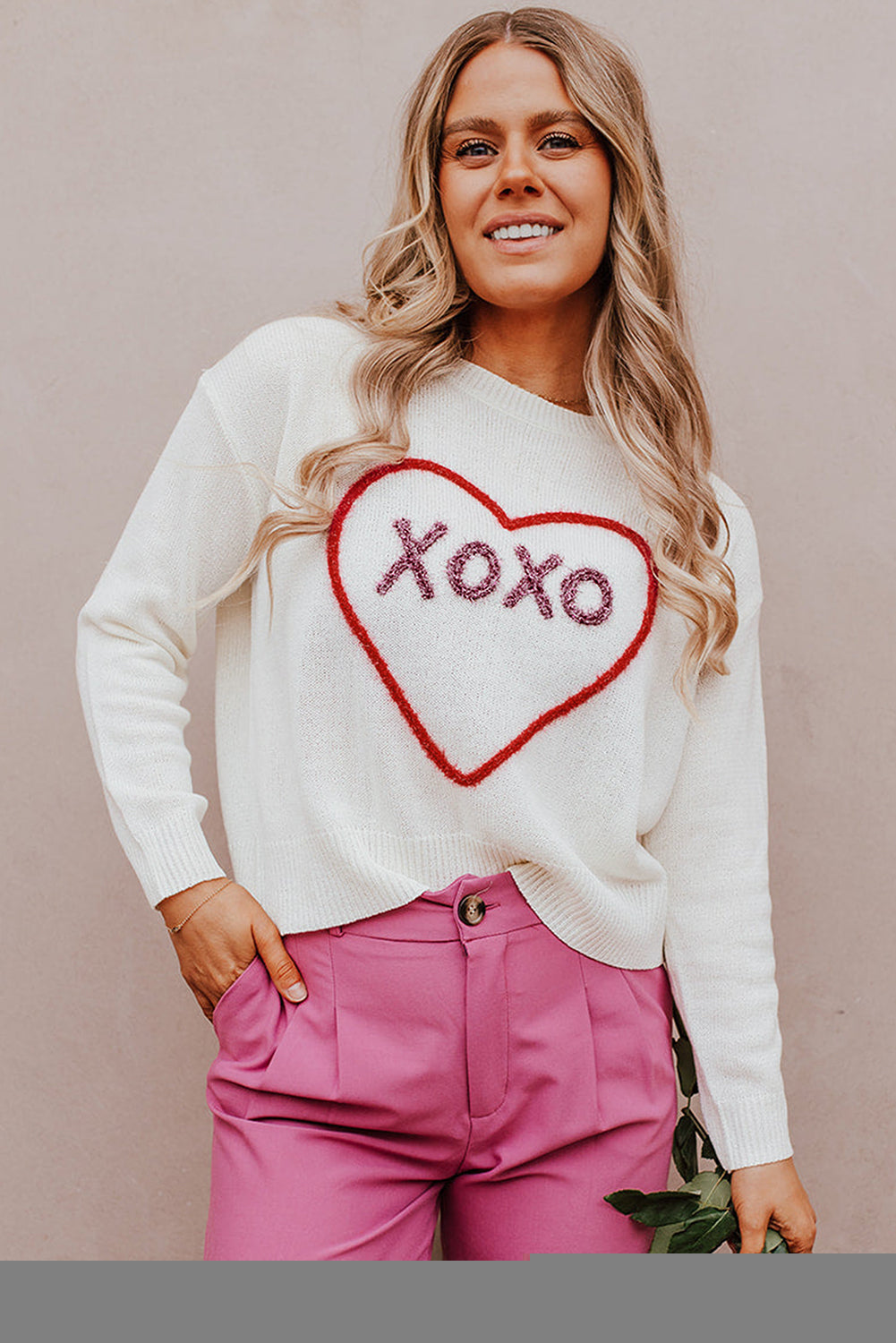 Weißes Herz Xoxo Muster Drop Schulterrippenstrickpullover