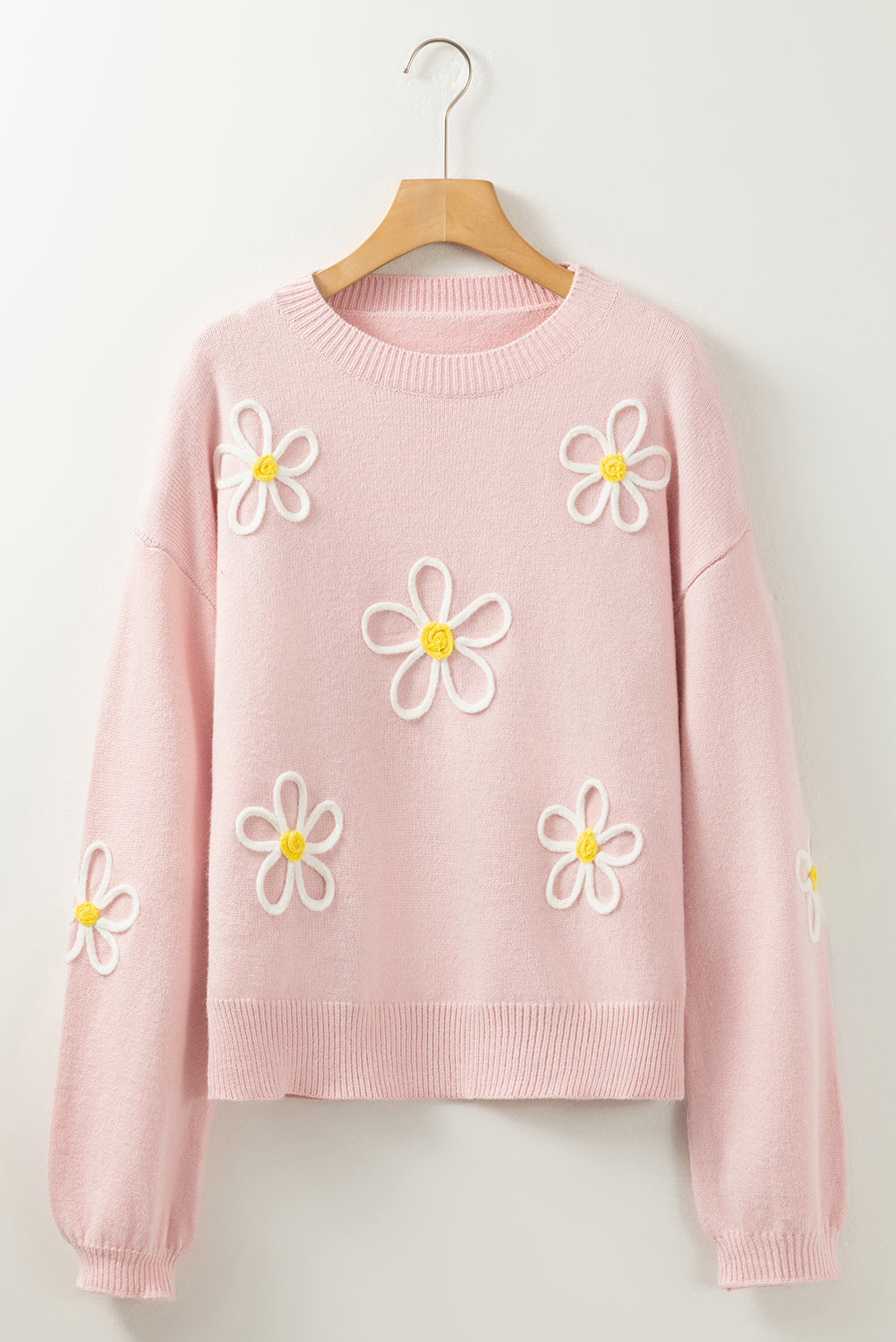 Pink Chenille Daisy Stitching Crew Neckpullover