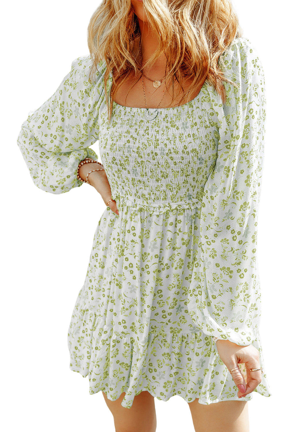 Pera verde boho boho floral smocked hojaldre mini vestido