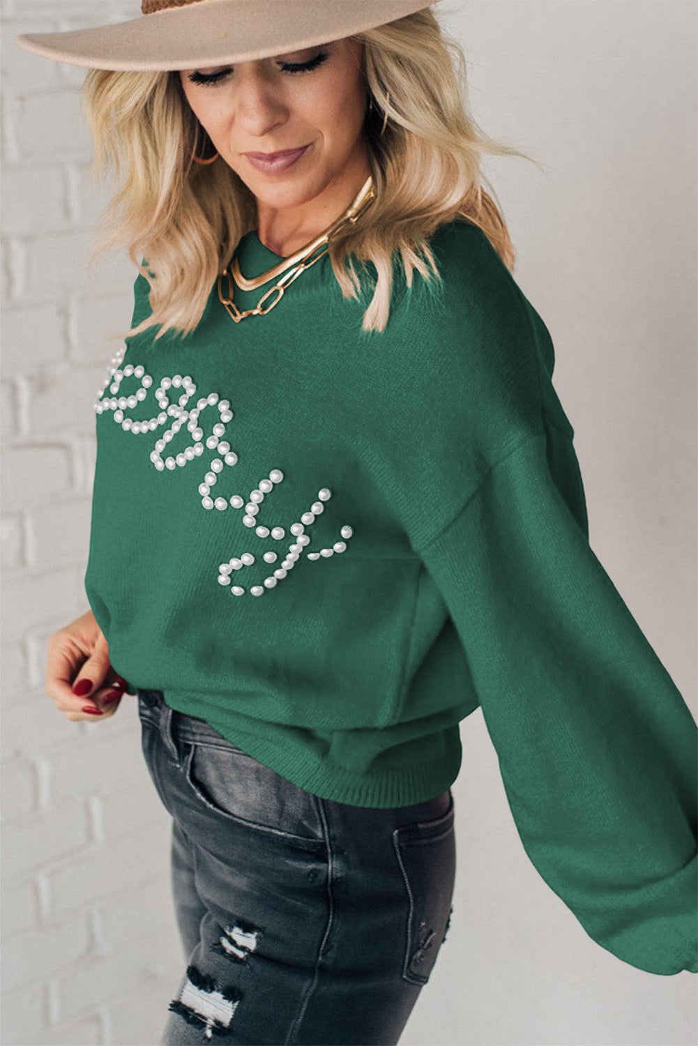 Blackish Green Beaded Cheerful Casual Sweater