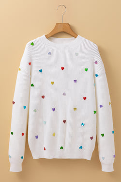 Beige Sequin Heart Waffle Knit Crew Neck Sweater