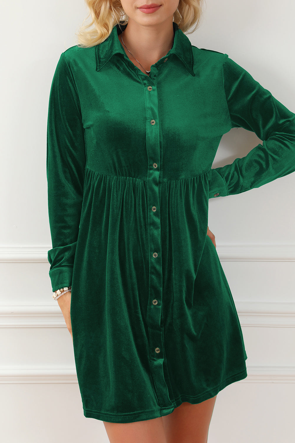 Green Long Sleeve Ruffle Velvet Button Up Dress