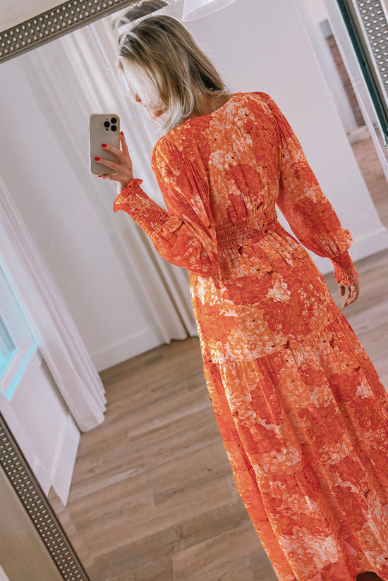 Orange Tiered V-Neck Bishop Sleeve Floral Boho Maxi Dress