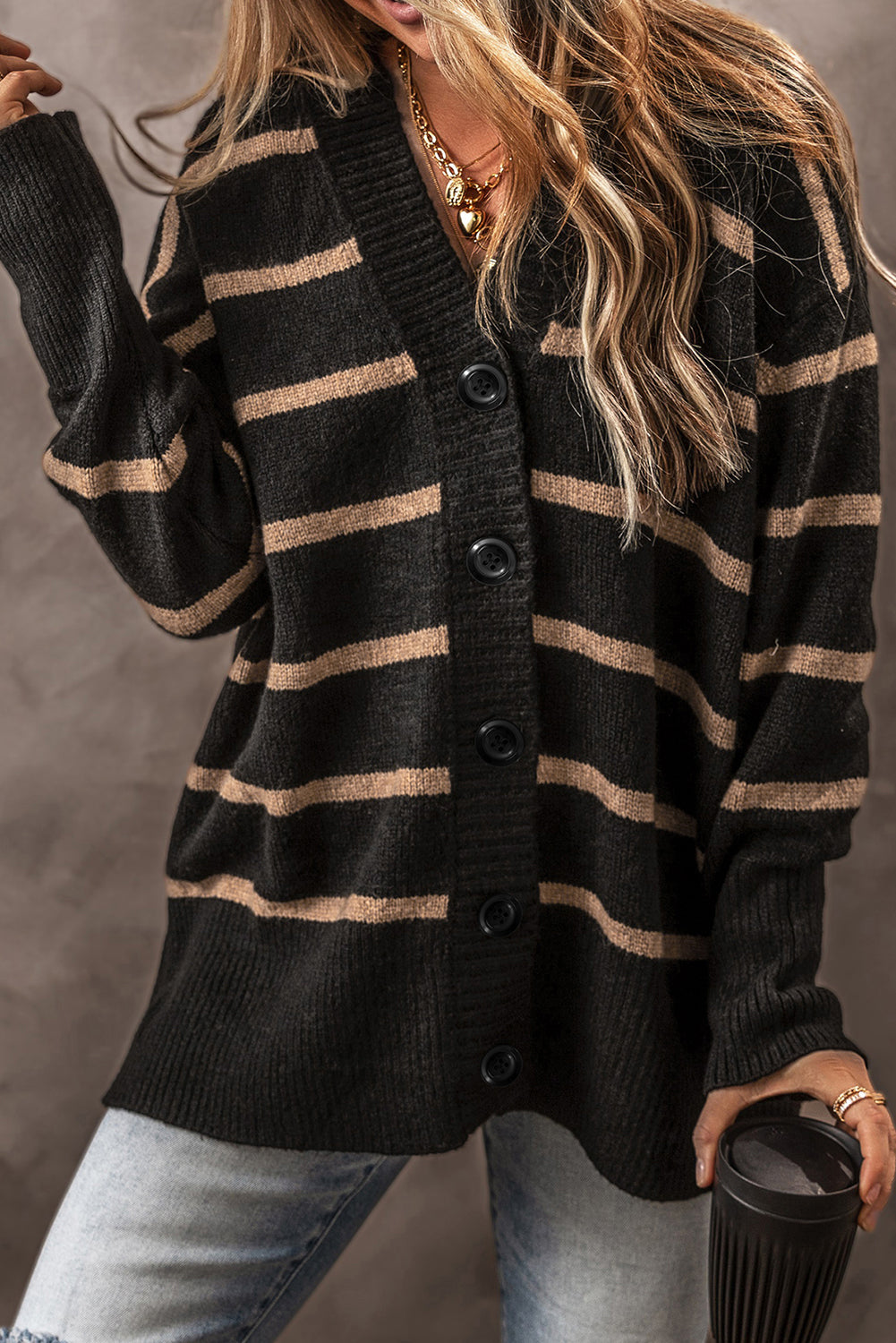 Black Striped Buttoned V-Neck Drop Shoulder Loose Cardigan