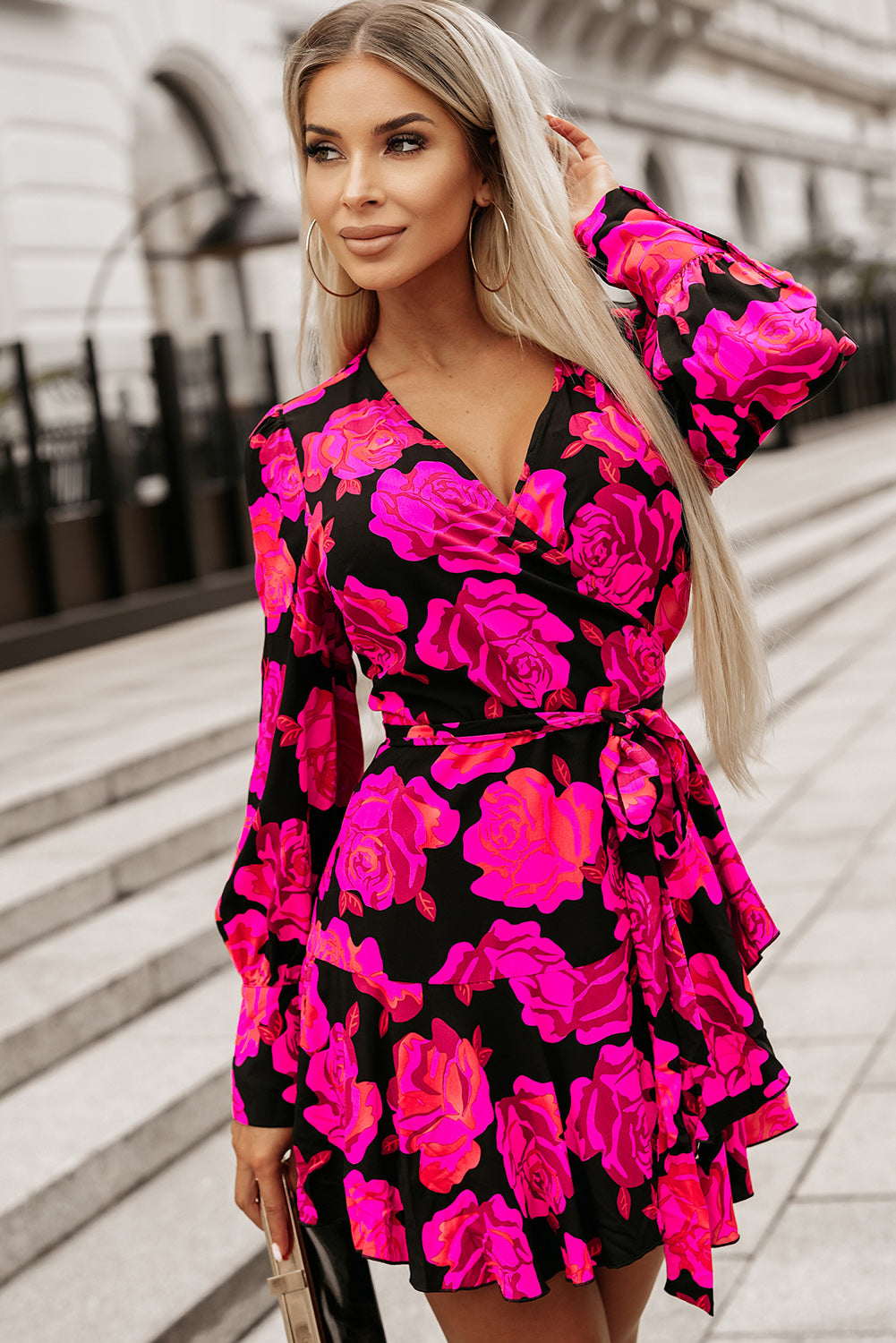 Pink Floral Print V-Neck Bishop Sleeve Ruffle Wrap Mini Dress