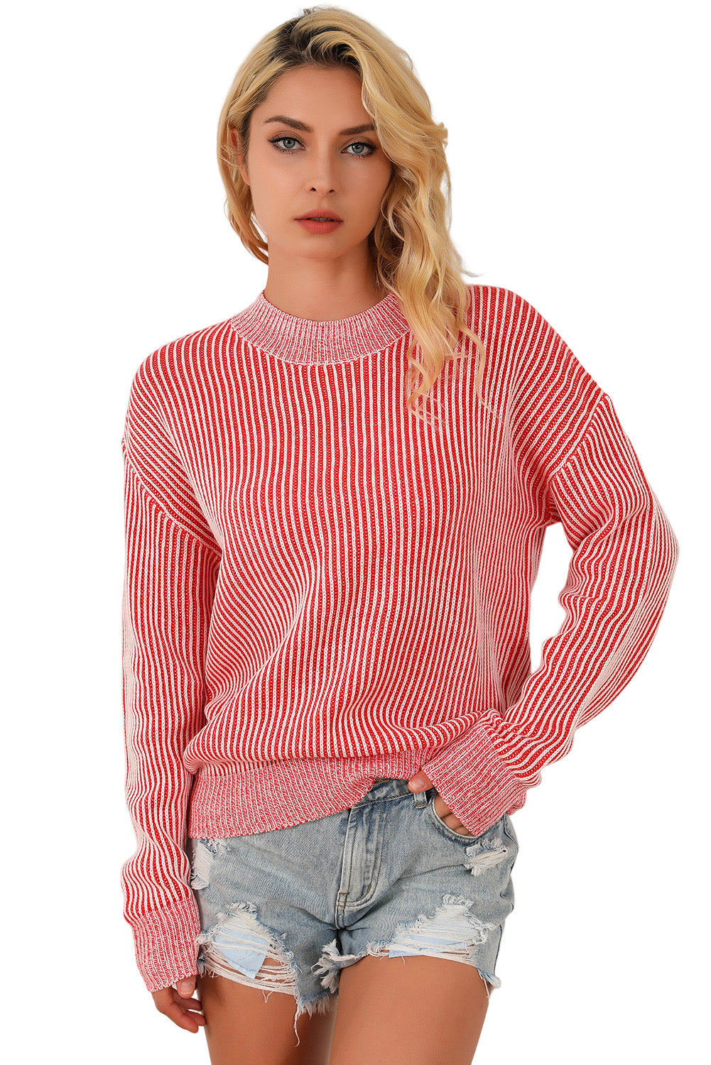 Gestreiftes Druckripper Rund -Hals -Pullover