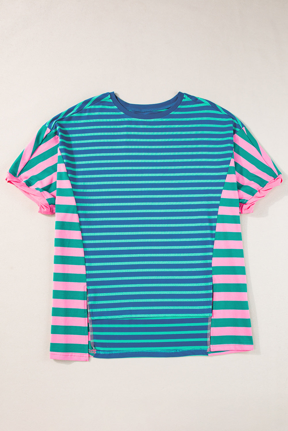 Blue Stripe Colorblock Patchwork Baggy T -Shirt