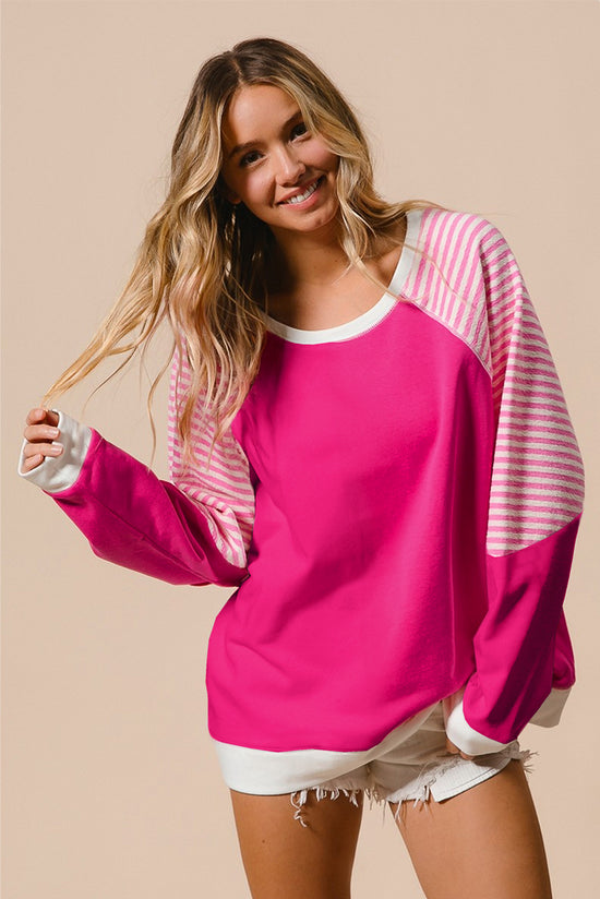 Strawberry Pink Striped Raglan Sleeve Crew Neck Top