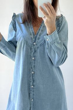 Myosotis - Straight denim dress with buttons, ruffles and V-neck