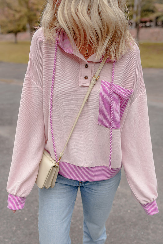 Light Pink Corded Colorblock Patch Pocket Drawstring Hooded Top