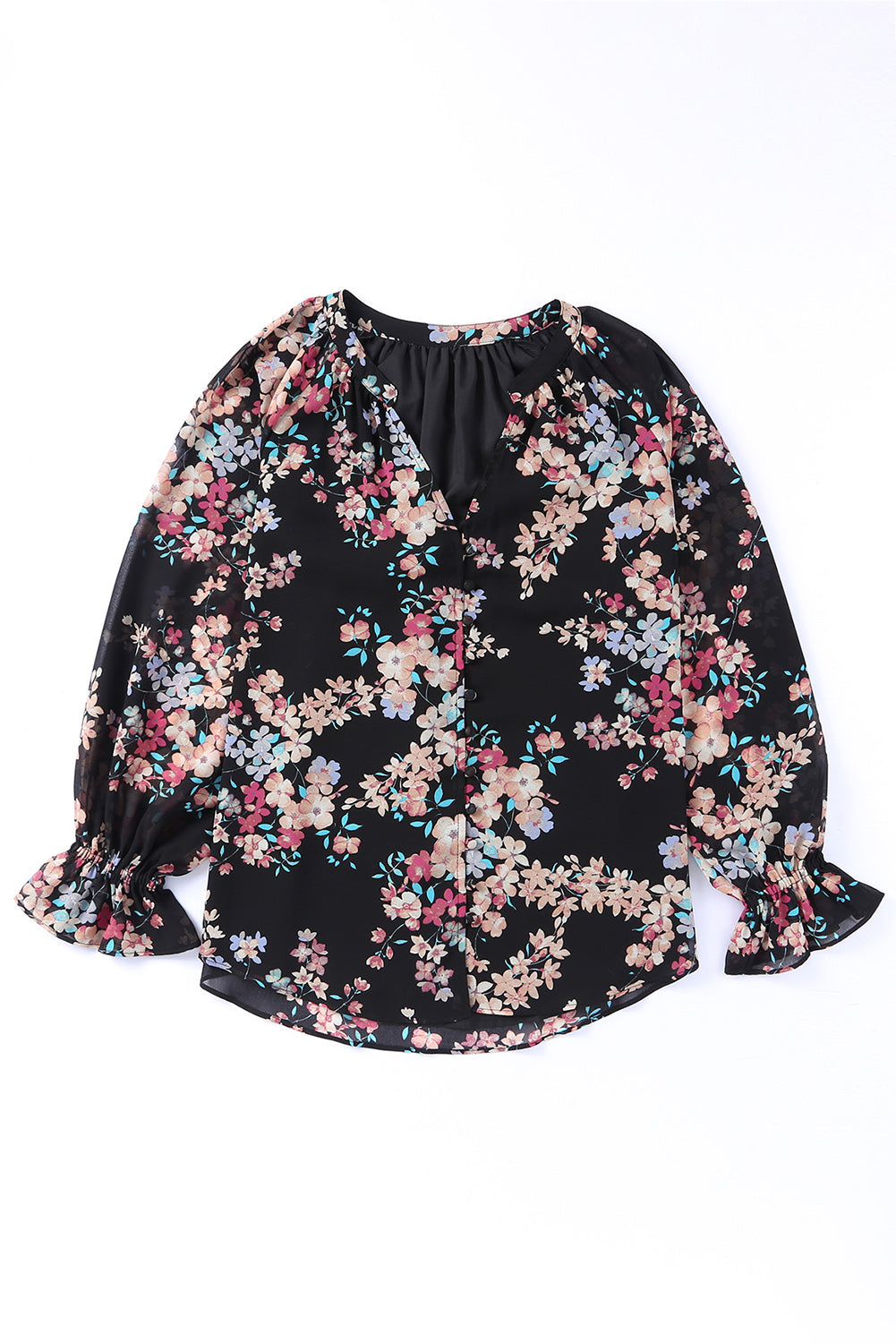 Schwarze Wildblume -Druck -Chiffon -Bluse