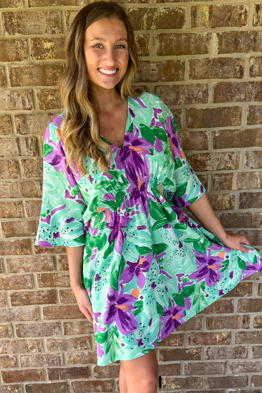 Green Floral V-Neck Half Sleeve Mini Dress with Ruched Waist