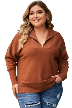 Pull marron à col zippé et bordure côtelée unie, grande taille