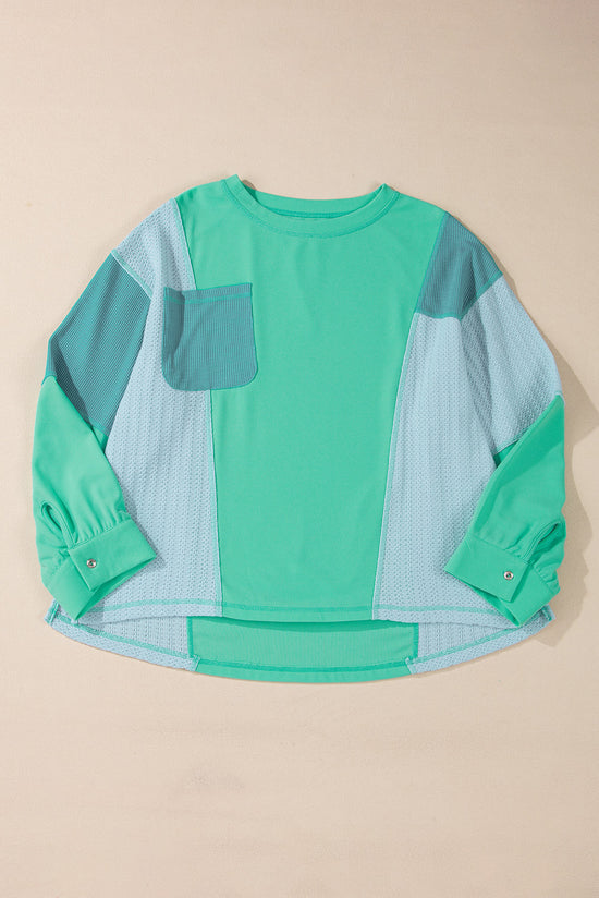 Green Colorblock Stitching Patchwork Button-Up Long Sleeve Top