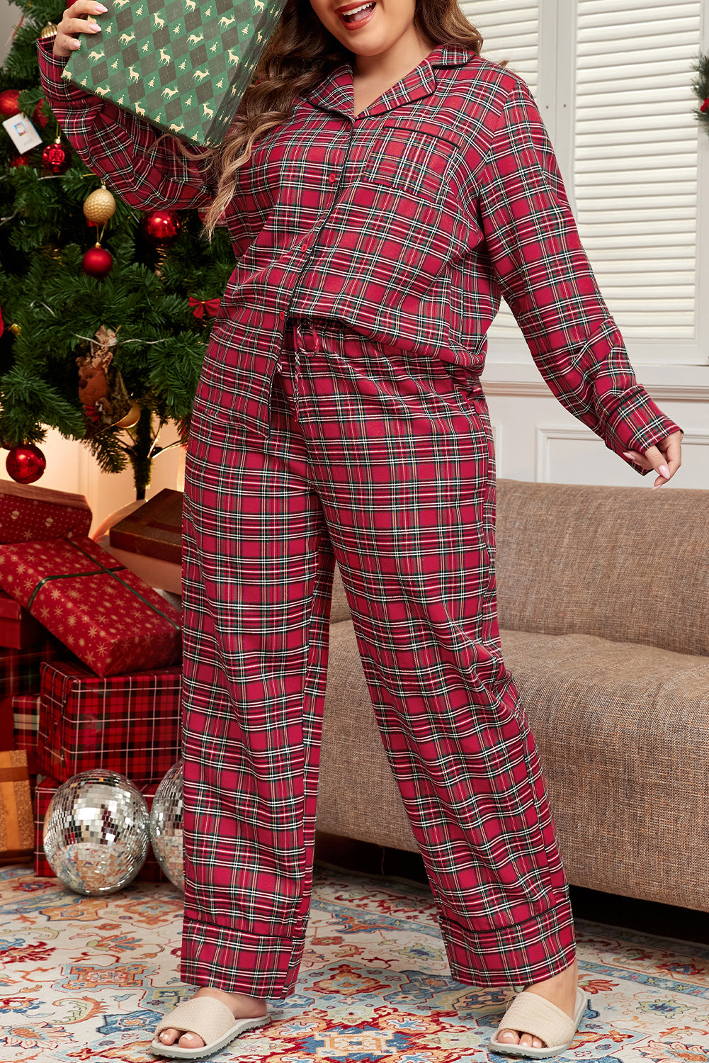 Plus Size Red Plaid Printed Shirt and Pants Lounge Set