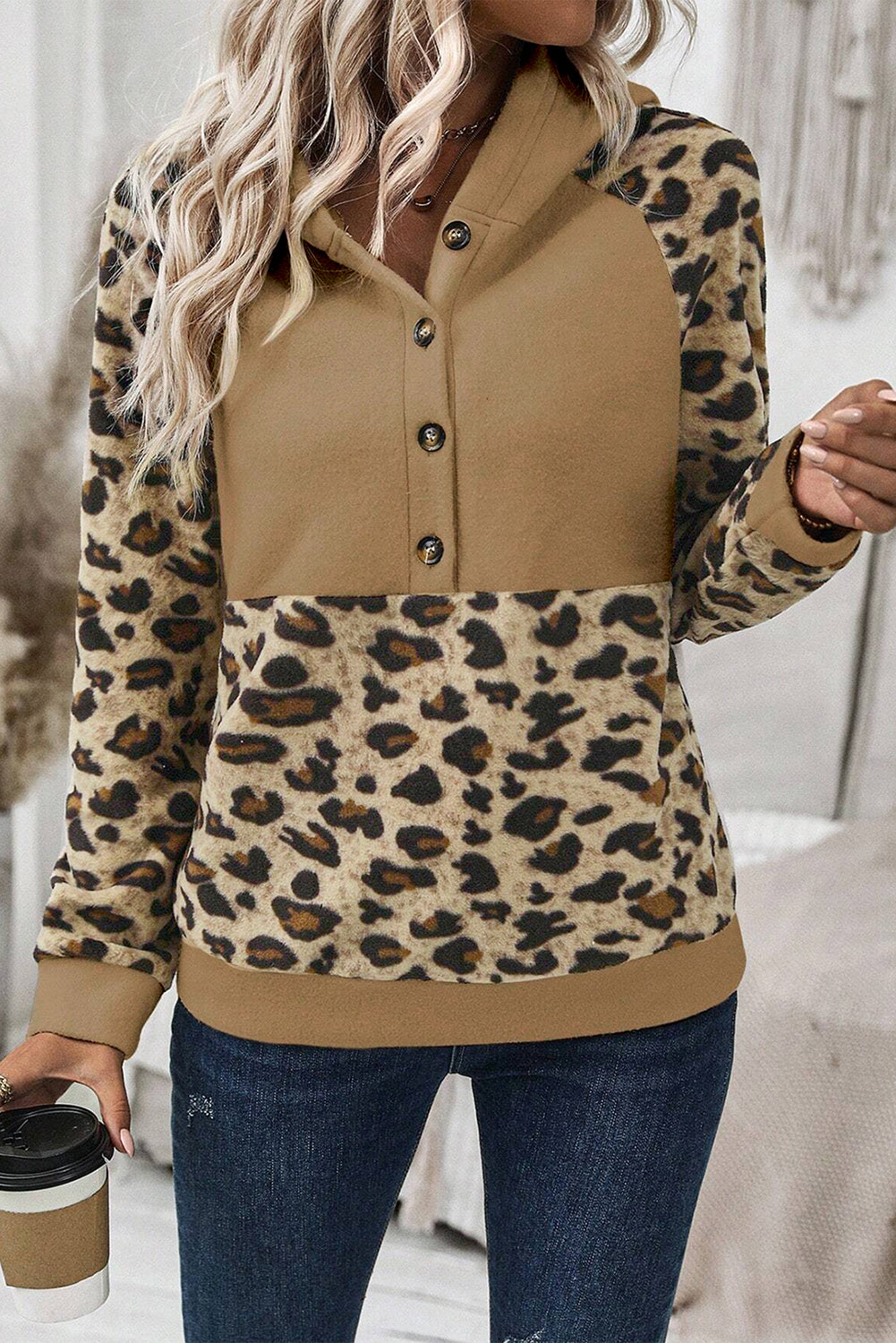 Light Beige Leopard Print Patchwork Half Button Raglan Sleeve Hoodie