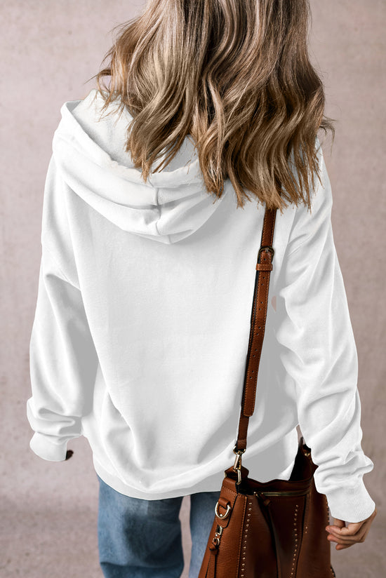 White thick hooded sweatshirt with kangaroo pocket and polar lined tightening cord