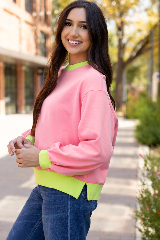 Pink bubble sleeve color block sweatshirt