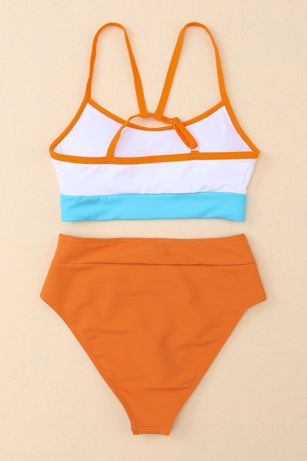 Orangefarbener Farbblock Spaghetti -Gurt hoher Taillenbikini Bikini Badeanzug