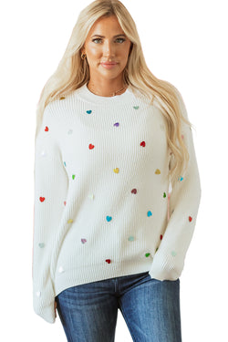 Beige Sequin Heart Waffle Knit Crew Neck Sweater