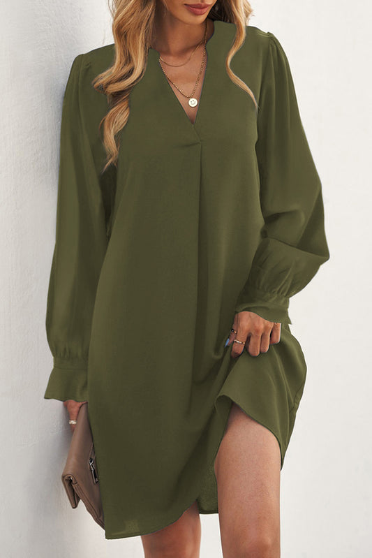 Vestido de camisa de mangas con escrutinio de cuello con cuello verde