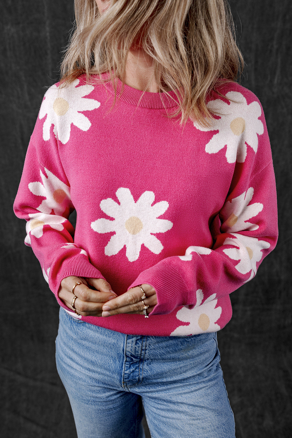 Hot Pink Daisy Flower Crew Neck Long Sleeve Sweater