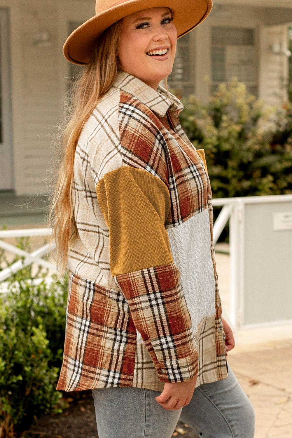 Golden Apricot Plus Size Plaid Patchwork Taste Up Shacket