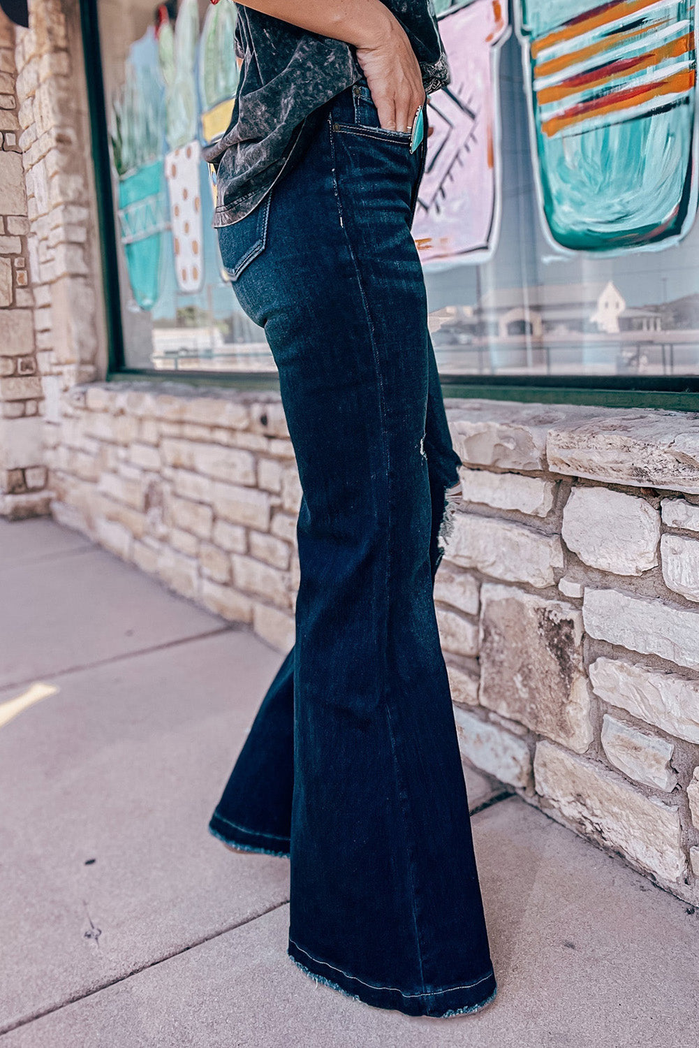 Jeans de fond de cloche déchiré de haute hauteur sarcelle