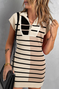 Short -sleeved sweater dress and zipped collar with khaki stripes