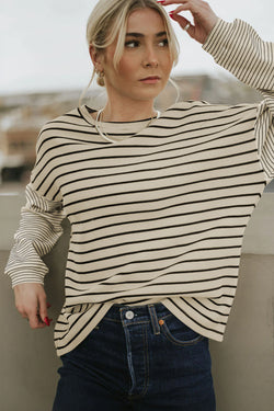 Black Striped Patchwork Long Sleeve Loose T-Shirt