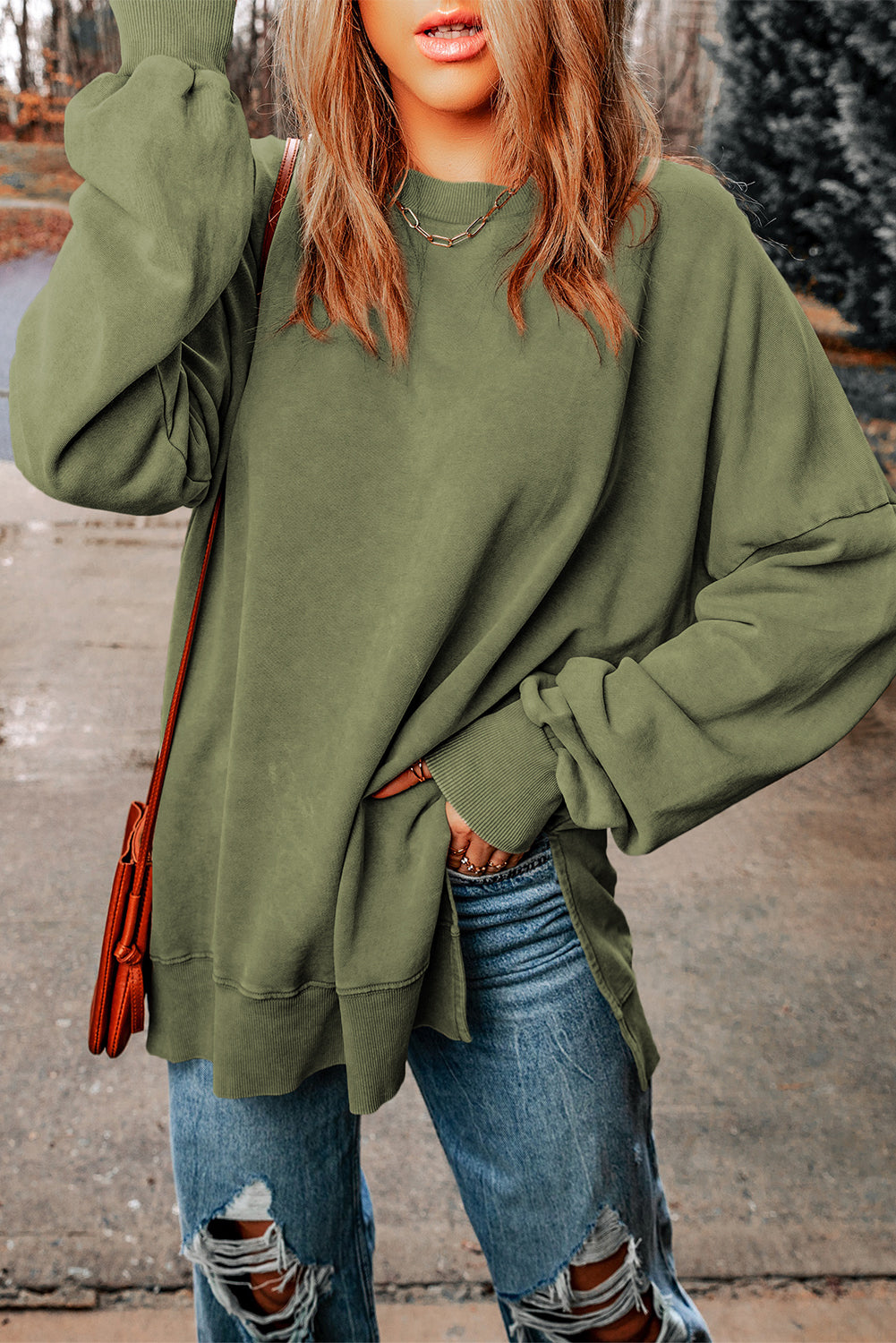 Sudadera verde de gran tamaño de gran tamaño con transbordadora y borde acanalado